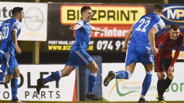 Mark Russell of Finn Harps (c) celebrates the opening goal