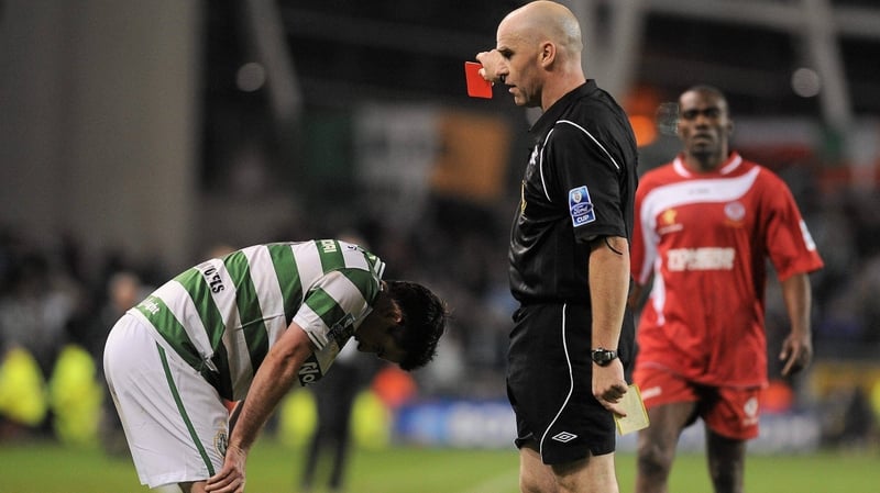 Stephen Bradley is sent off by referee Tomas Connolly in the 2010 FAI Cup final