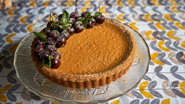 Catherine Fulvio's Baked Irish Coffee Cheese Cake with Cherry Sauce.