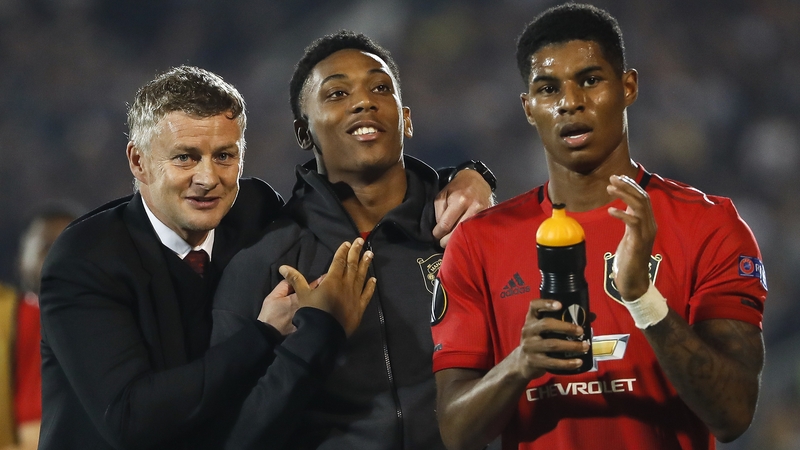 Ole Gunnar Solskjaer with Anthony Martial and Marcus Rashford