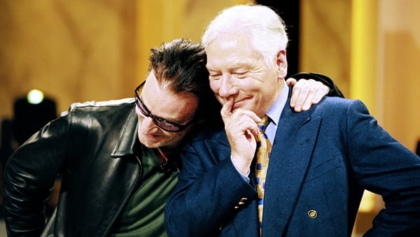 Gay Byrne with Bono on the broadcasting great's final Late Late Show in May 1999