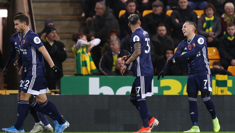 Watford players celebrate after Gerard Deulofeu's goal