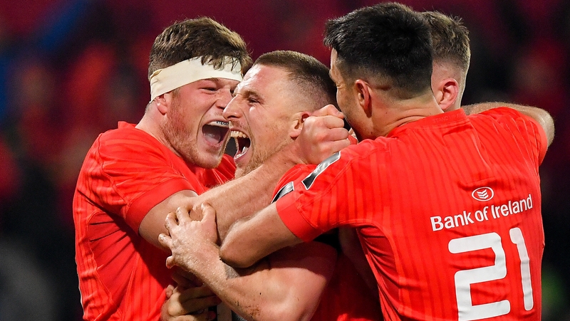 Andrew Conway celebrates his breakaway try against Ulster at Thomond Park