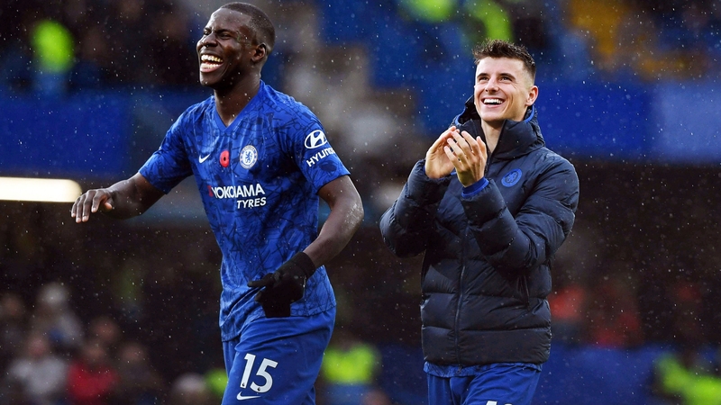Kurt Zouma and Mason Mount celebrate Chelsea's victory over Crystal Palace on Saturday
