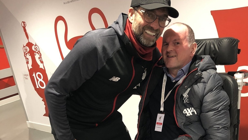 Sean Cox (R) pictured at Anfield with Liverpool manager Jurgen Klopp