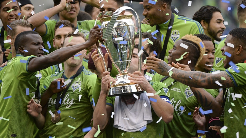 The Seattle Sounders celebrate their Cup win at CenturyLink Field