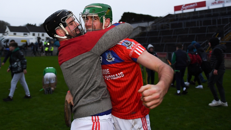 David Burke, left, celebrate St Thomas' county final victory with team-mate James Barrett