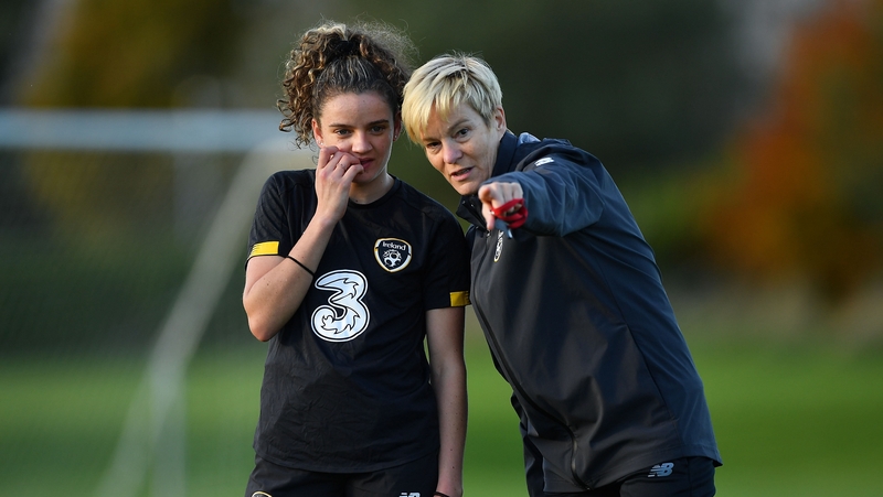Leanne Kiernan on the training pitch with manager Vera Pauw