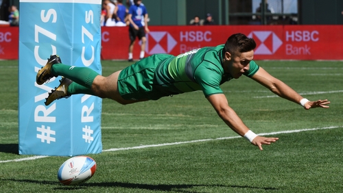 Greg O'Shea of Ireland dives after scoring a try against Australia in their Challenge Final game in San Francisco, last year