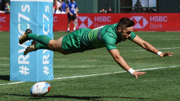 Greg O'Shea of Ireland dives after scoring a try against Australia in their Challenge Final game in San Francisco, last year
