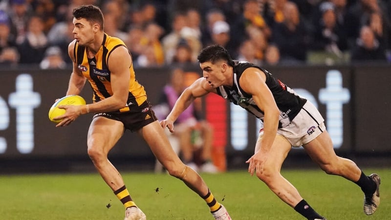 Conor Nash in action for the Hawthorn Hawks against Collingwood Magpies in July