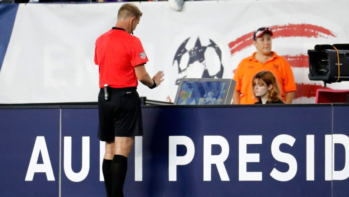Alan Kelly consults VAR during an MLS match between the New England Revolution and Orlando City in J