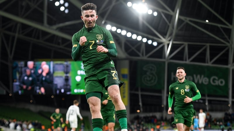 Sean Maguire celebrates after scoring his first international goal