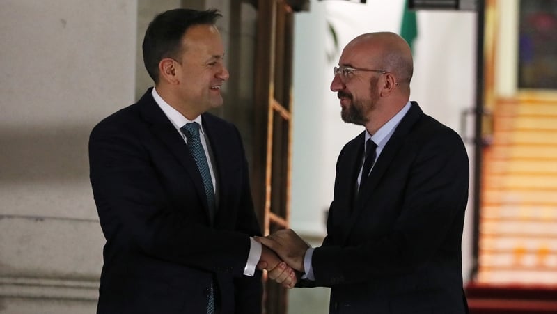 Leo Varadkar greets Charles Michel outside Government Buildings