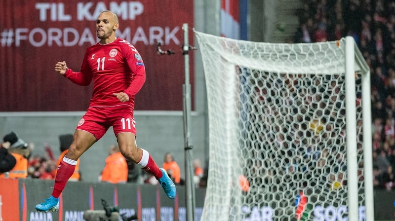 Martin Braithwaite celebrates scoring Denmark's third goal