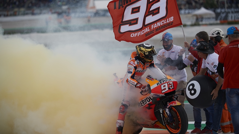 Marc Marquez celebrates his 12th win of the season