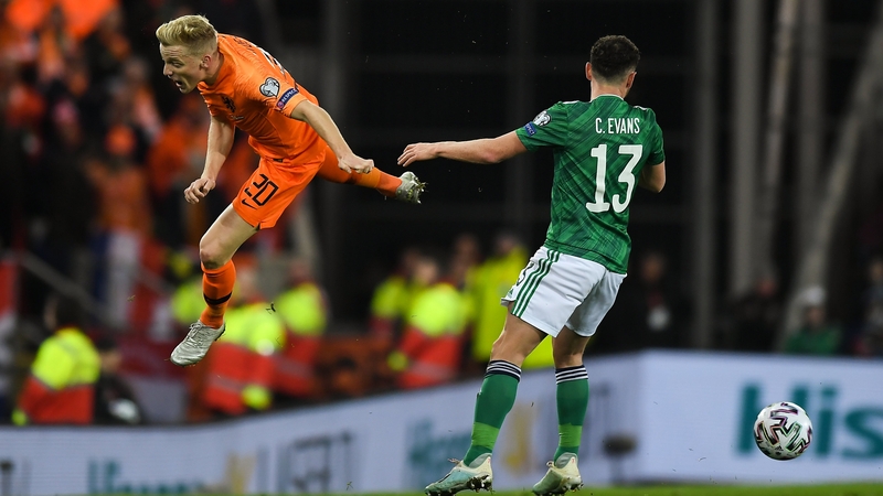 Donny van de Beek of the Netherlands in action against Corry Evans