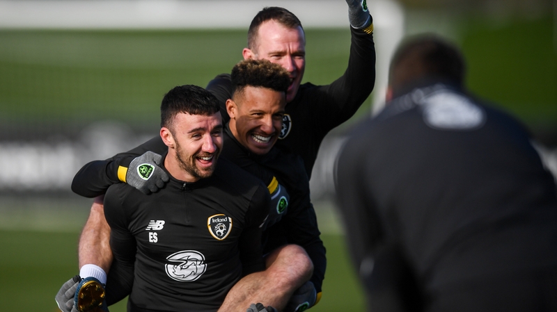 Enda Stevens, Callum Robinson and Glenn Whelan horse around in training