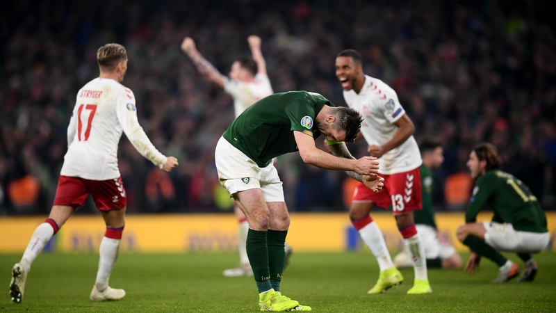 Shane Duffy reacts at the full-time whistle following the 1-1 draw with Denmark