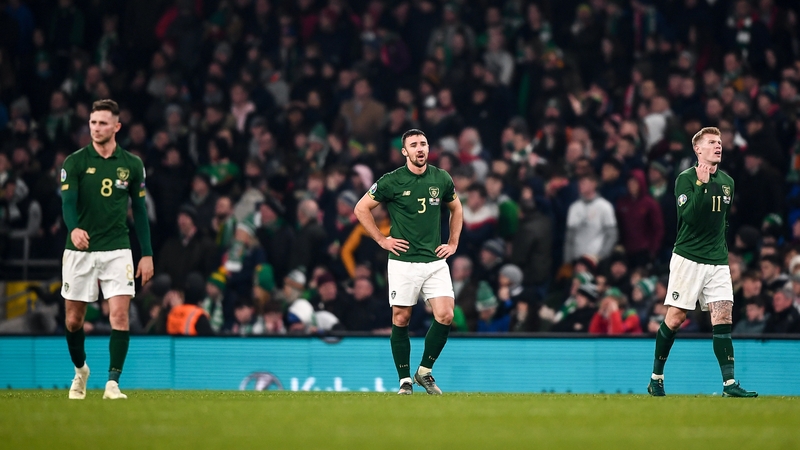 Alan Browne, Enda Stevens and James McClean react at the full-time whistle against Denmark