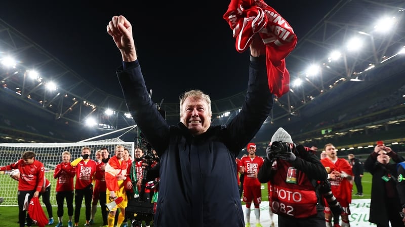 Age Hareide celebrates Denmark's Euro 2020 qualification at Aviva stadium