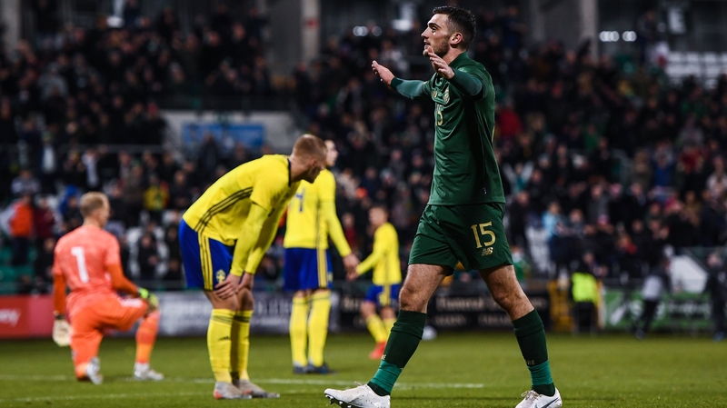 Troy Parrott celebrates Ireland's third goal of the night at Tallaght