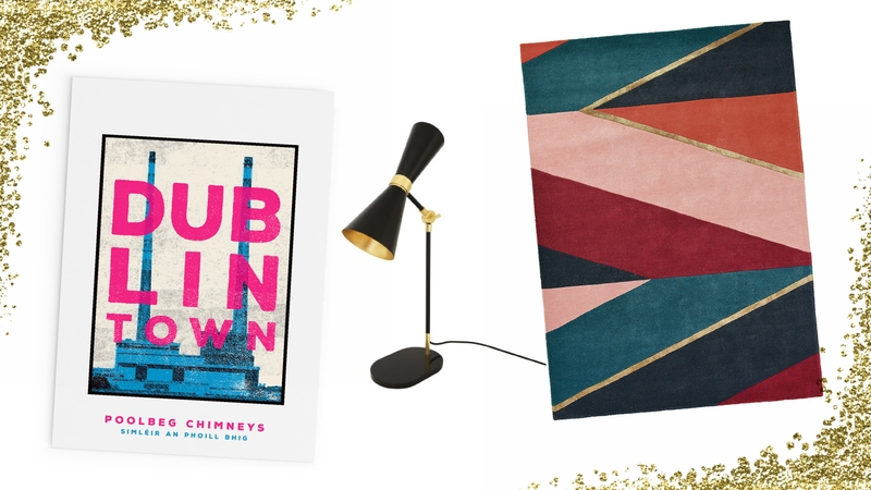 L-R JANDO 'Dublin Town' print, Cairo Contemporary Lamp by Mullan Lighting and Ted Baker Sahara rug
