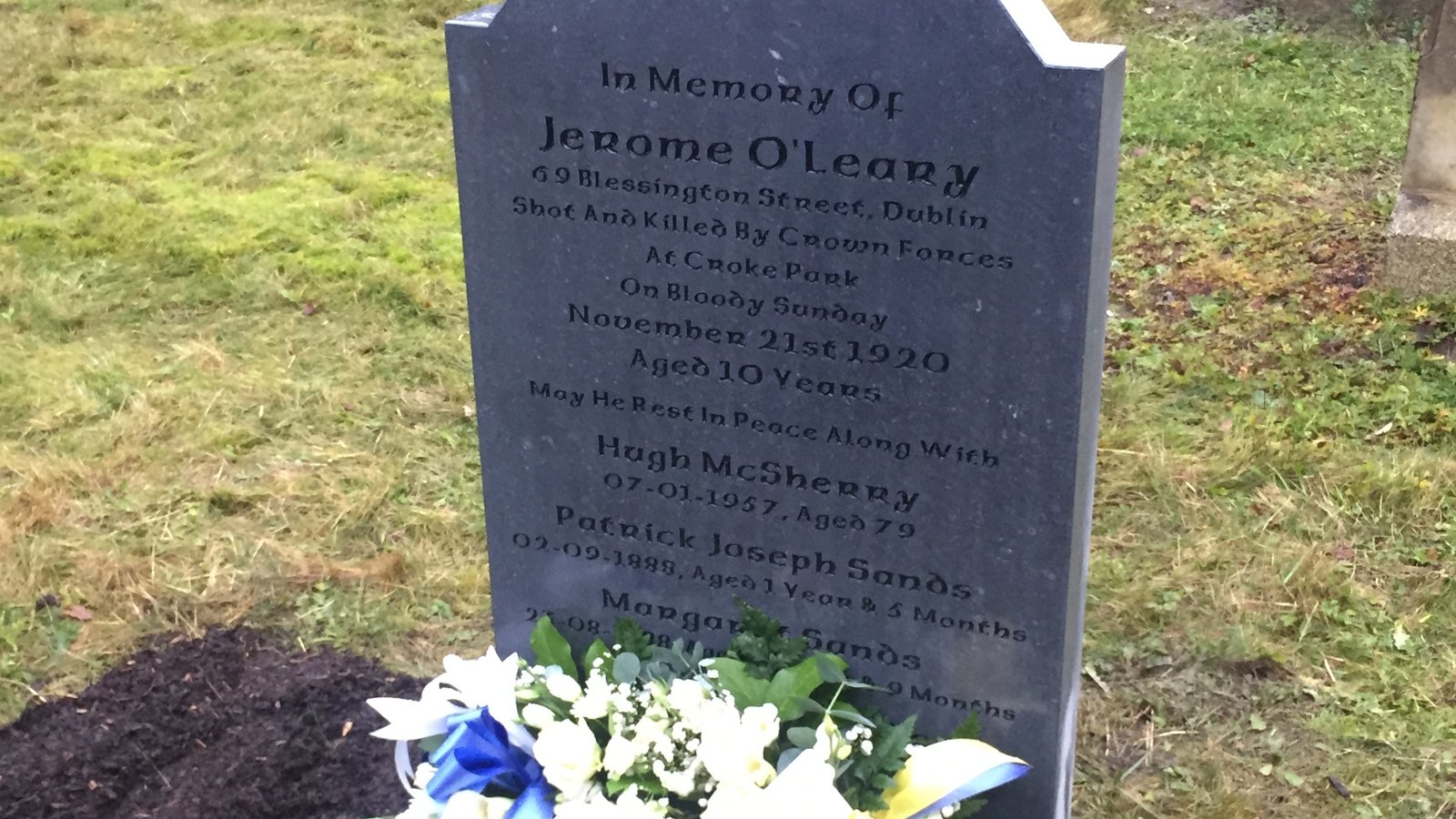 The gravestone of 10-year-old Jerome O'Leary, erected in 2019 as part of the GAA's Bloody Sunday Graves Project