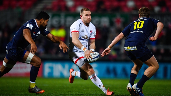 Will Addison of Ulster in action against Fritz Lee, left, and Jake McIntyre of Clermont