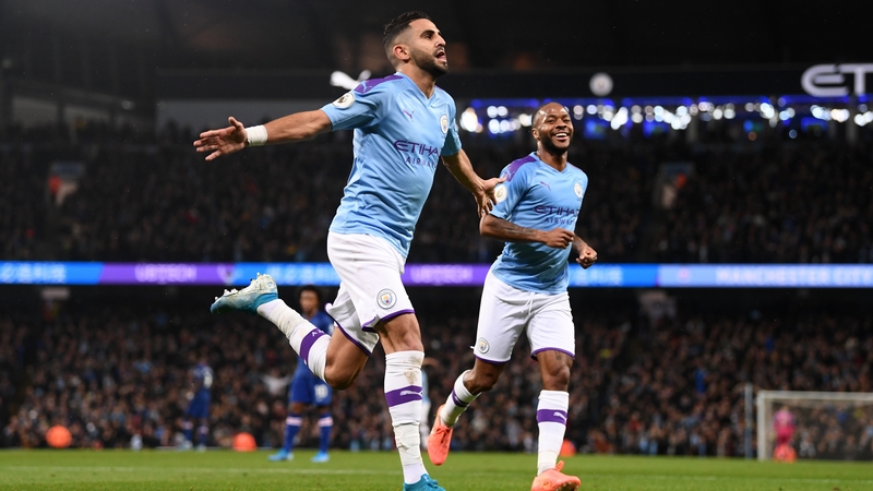 Riyad Mahrez celebrates after he scores against Chelsea