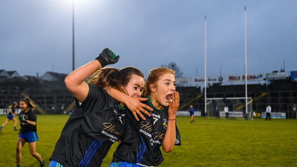 Emer Nally (L) and Ffion Boland of Naomh Ciaran celebrate at the full-time whistle