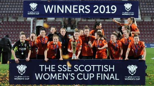 Glasgow City celebrate with the Cup at the home of Hearts