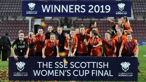 Glasgow City celebrate with the Cup at the home of Hearts