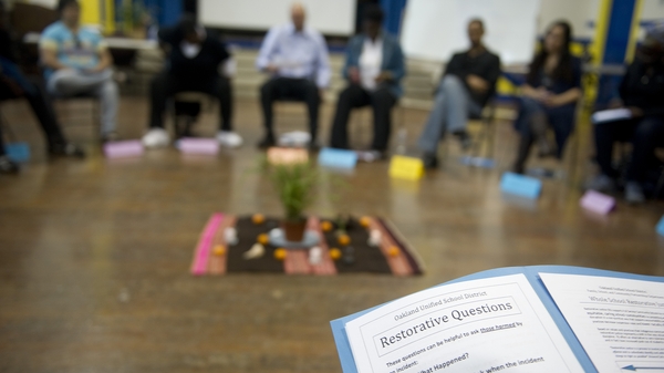 A restorative justice training session at a school in California: "research indicates that this can reduce reoffending and help victims recover from crime". Photo: Ann Hermes/The Christian Science Monitor via Getty Images