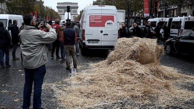 Hay dumped by farmers on the Champs-Elysees in Paris