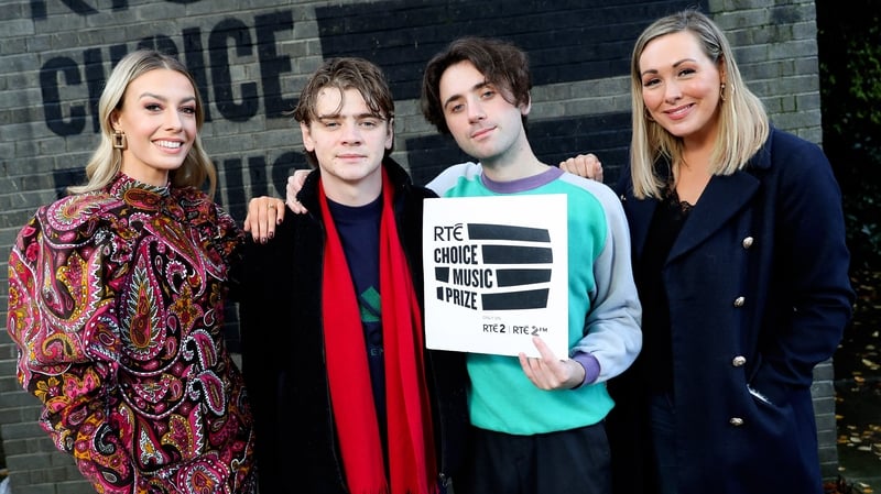 RTÉ presenter, Blathnaid Tracy and RTÉ 2FM presenters Tracy Clifford with Craig Fitzgerald and Matthew Murtagh of Irish band and previous nominees, The Academic