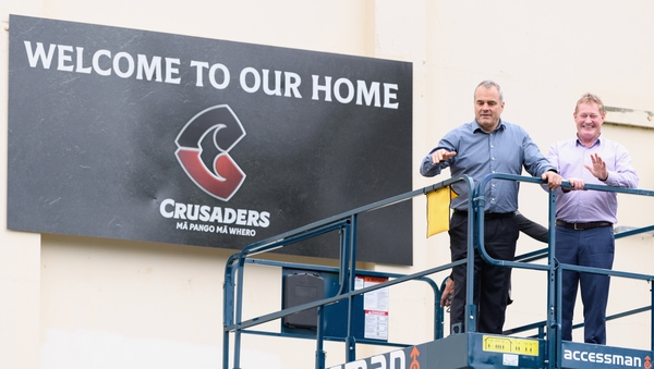 Crusaders Chief Executive Officer Colin Mansbridge and Chairman Grant Jarrold reveal their new club logo