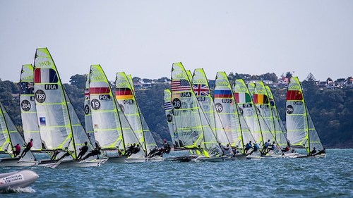 Boats line up at the 49er World Championships in New Zealand