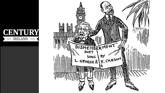 Cartoon showing Lloyd George and Edward Carson singing from the same sheet, regarding the partition…