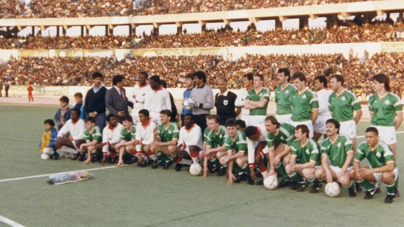 St Patrick's Athletic and Bohemians players, photographed in Republic of Ireland jerseys, pose for a picture with their opponents in Libya