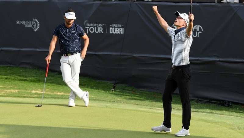 Rasmus Hojgaard celebrates following his play-off victory
