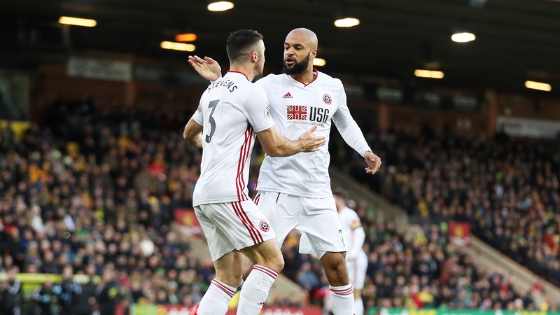 Enda Stevens celebrates with Sheffield United and Republic of Ireland team-mate David McGoldrick