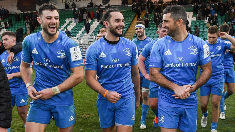 Robbie Henshaw, James Lowe and Rob Kearney celebrate the win over Northampton