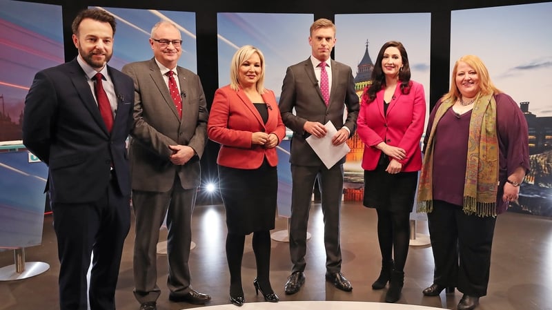 SDLP leader Colum Eastwood, Ulster Unionist leader Steve Aiken, Sinn Féin deputy leader Michelle O'Neill, DUP South Belfast Candidate Emma Little-Pengelly and Alliance leader Naomi Long with UTV presenter Marc Mallett at the recording of an election debat