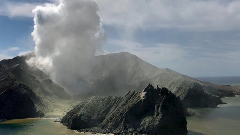 Aerial view of the smoldering White Island volcano off the coast of New Zealand's North Island