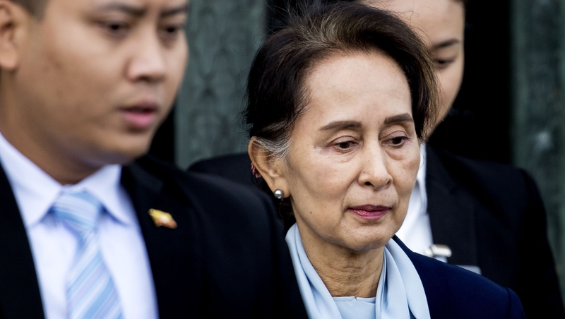 Aung San Suu Kyi leaving the UN International Court of Justice in The Hague