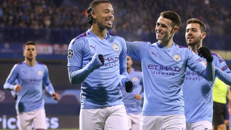 Gabriel Jesus (C) celebrates scoring with team-mate Phil Foden