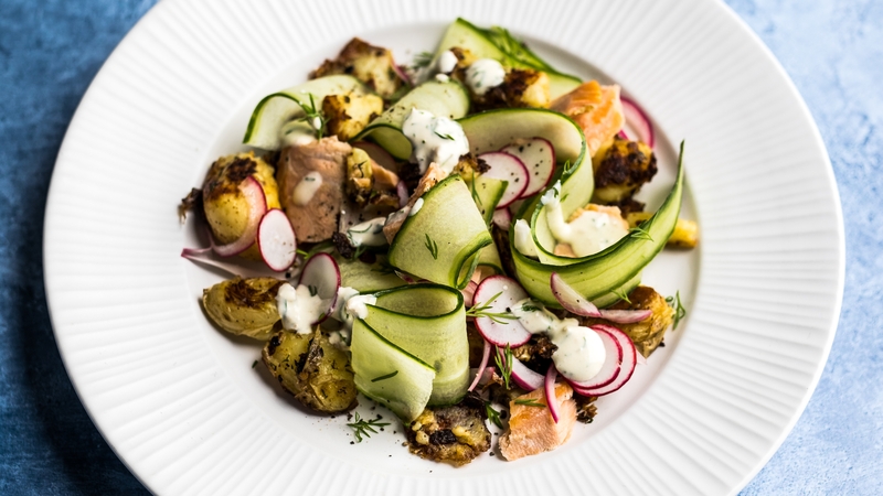 Some things are just meant to be put together, and rich oily salmon with creamy dill and piquant pickle is one such perfect match. If you wanted to mix things up you could try this with hot-smoked mackerel instead.