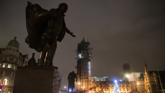 The statues of David Lloyd George and Winston Churchill in Parliament Square in central London as the Conservative Party romped to victory