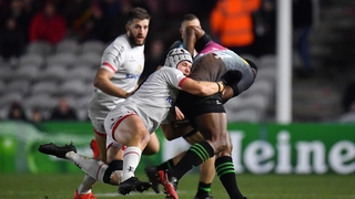 Vereniki Goneva of Harlequins is tackled by Luke Marshall of Ulster